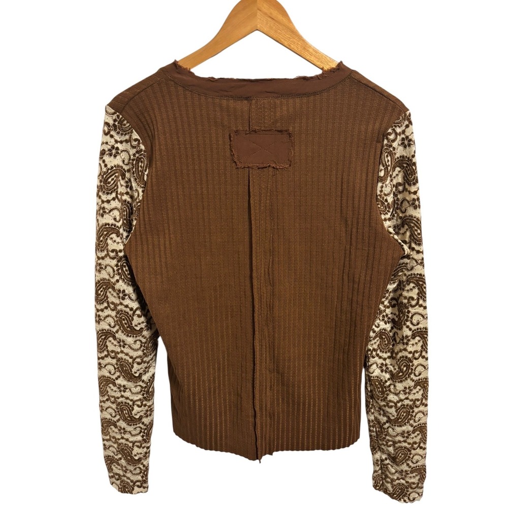 Oli & Hali Henley Top Brown Paisley Lace Sleeve Boho Western Ribbed Romantic XL - Picture 3 of 10